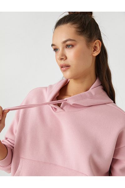 Koton Oversize Crop Sweatshirt Hooded Kangaroo Pocket Ribbon