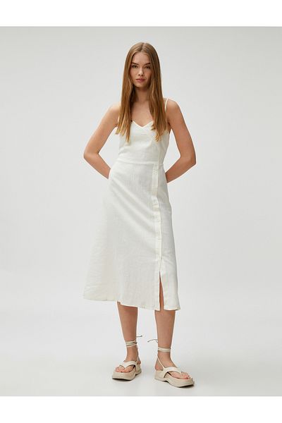 Koton Midikleid mit dünnen Trägern, Schlitz vorne und Knöpfen aus Leinenmischung