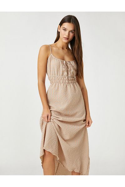 Koton Langes Kleid – Gingham, dünne Träger, taillierte Taille, Schleifendetail
