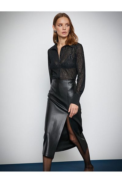 Koton Melis Ağazat X Koton - Leather Look Deep Slit Midi Skirt