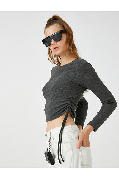 Koton Long Sleeve T-Shirt Crop Gathered