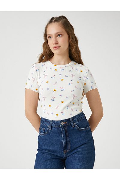 Koton Crop Tričko s květinovým potiskem Crew Neck Krátký rukáv