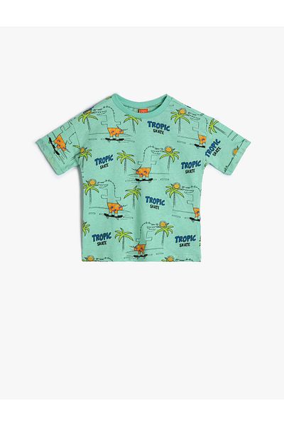 Koton T-Shirt Dinosaur Printed Short Sleeve Crew Neck Cotton