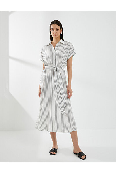 Koton Midi košilové šaty s krátkým rukávem s páskem z viskózy