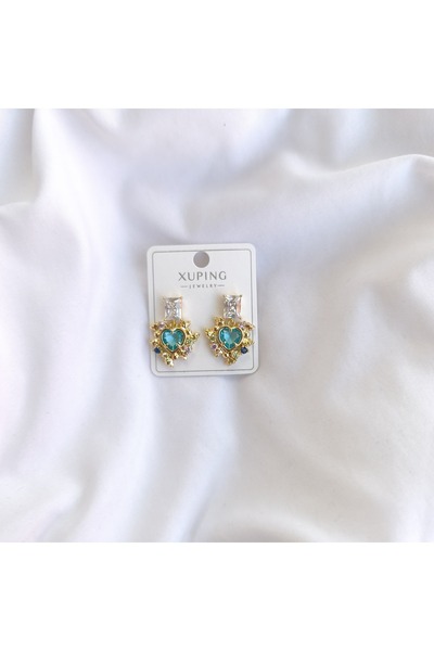 tezz Zirkon Mavi Kalpli Beyaz Kare Taşlı Küçük Taşlarla Süslenmiş Xuping Küpe