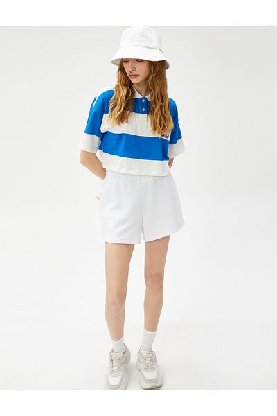 Koton Crop T-Shirt Polo Neck College Potištěný Krátký Rukáv Bavlna