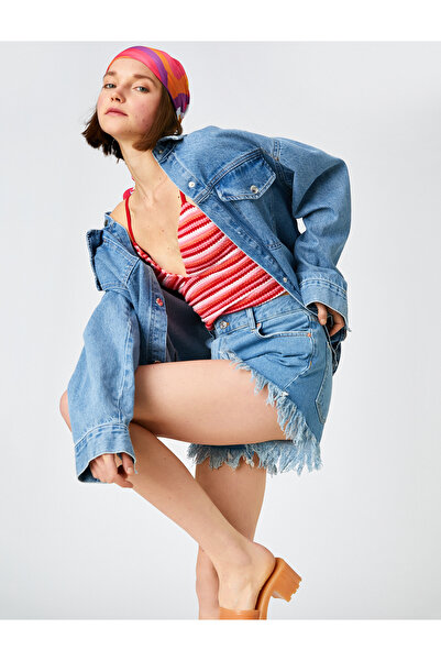 Koton Τζιν Σορτς Ψηλόμεση Φούντα Τσέπη Βαμβακερό