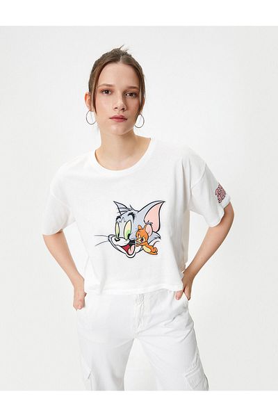 Koton Tom and Jerry Crop T-Shirt με άδεια κοντομάνικο Crew Neck Cotton