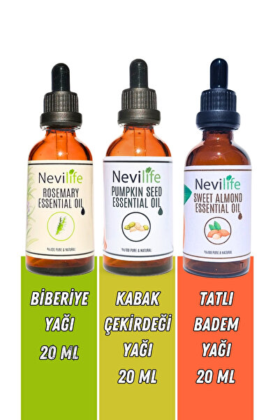 3'lü Saç ve Cilt Bakımı Biberiye Yağı 20 ml, Kabak Çekirdeği Yağı 20 ml, Tatlı Badem Yağı 20 ml