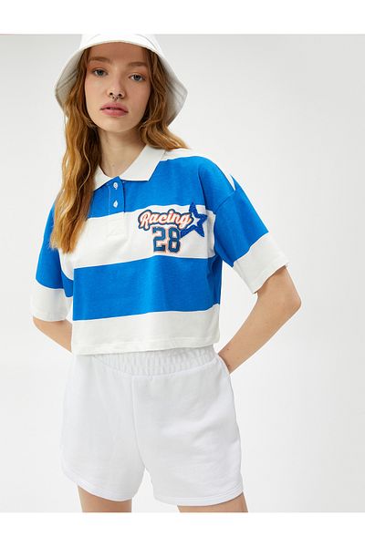 Koton Crop T-Shirt Polo Neck College Potištěný Krátký Rukáv Bavlna