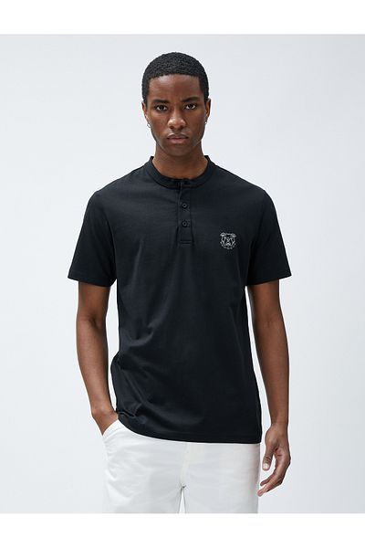 Koton Collar T-Shirt Buttoned Dog Embroidered Slim Fit Cotton