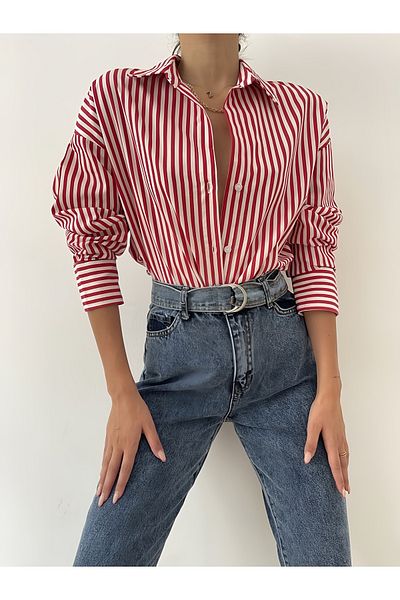 coder C1055 Model Burgundy Striped over Fit Shirt