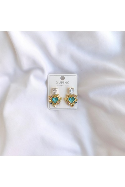 tezz Zirkon Mavi Kalpli Beyaz Kare Taşlı Küçük Taşlarla Süslenmiş Xuping Küpe