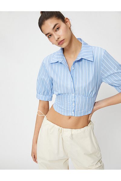 Koton Crop-Shirt, Ballonärmel, Korsett, Taille, geknöpft, Baumwolle