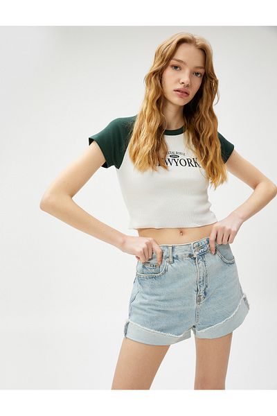 Koton Tricou Crop College Printed mânecă scurtă Decolteu Crew Ribbed