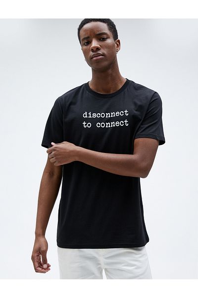 Koton Crew Neck Slim Fit Cotton T-Shirt - Slogan Printed