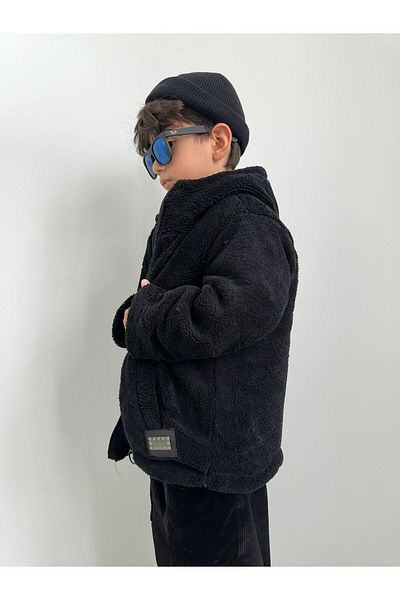 LNASLSTORE Plush Black Children's Fixed Hooded Baby Coat