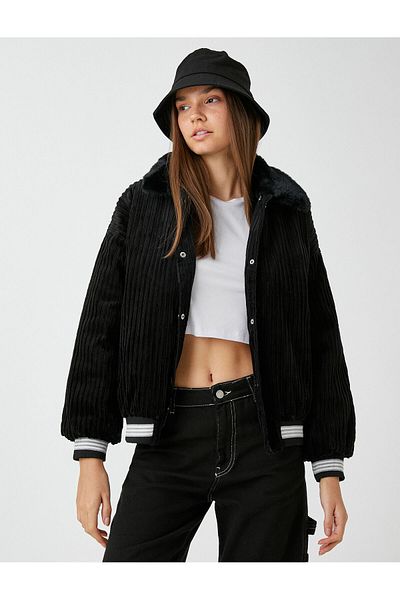Koton Velvet Jacket with Faux Fur Collar