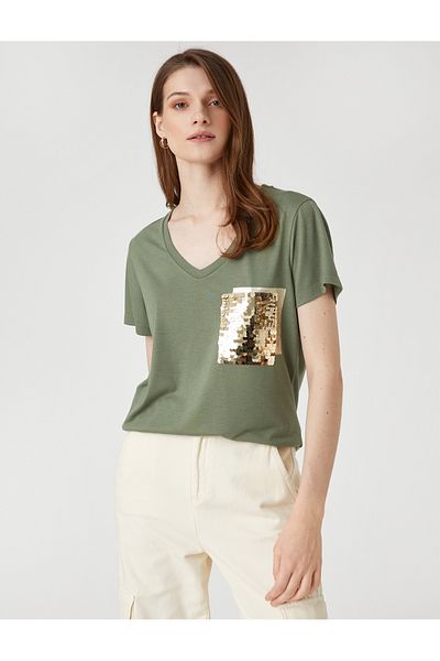 Koton Sequin Embroidered T-Shirt Short Sleeve V Neck