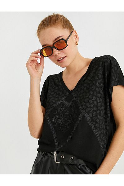Koton Patterned T-Shirt V-Neck Short Sleeve