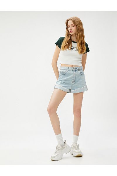 Koton Tricou Crop College Printed mânecă scurtă Decolteu Crew Ribbed