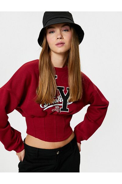 Koton College Crop Sweatshirt Corset Detailed Raised Long Sleeve Crew Neck