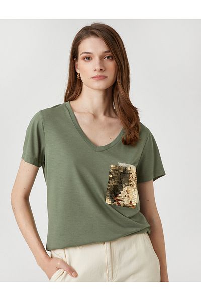 Koton Sequin Embroidered T-Shirt Short Sleeve V Neck