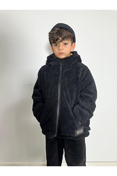 LNASLSTORE Peluş Siyah Çocuk Sabit Kapüşonlu Bebe Mont