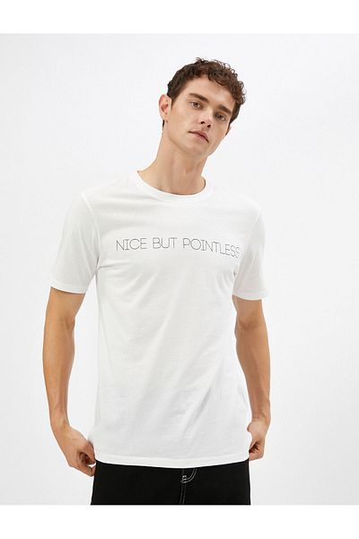 Koton Crew Neck Slogan Printed Cotton T-Shirt