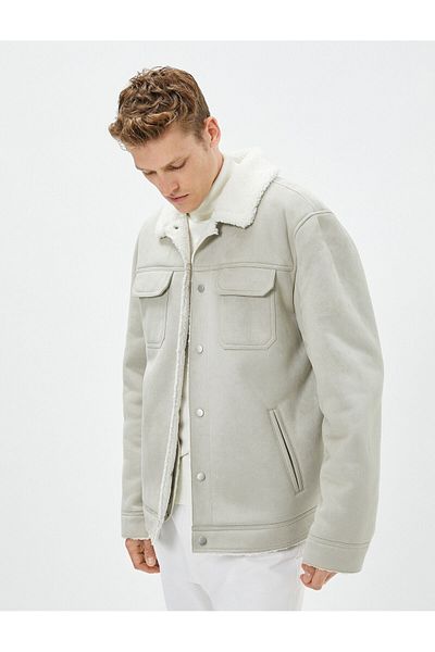 Koton Suede Look Jacket Inside with Plush Pocket Detail and Snap Buttons