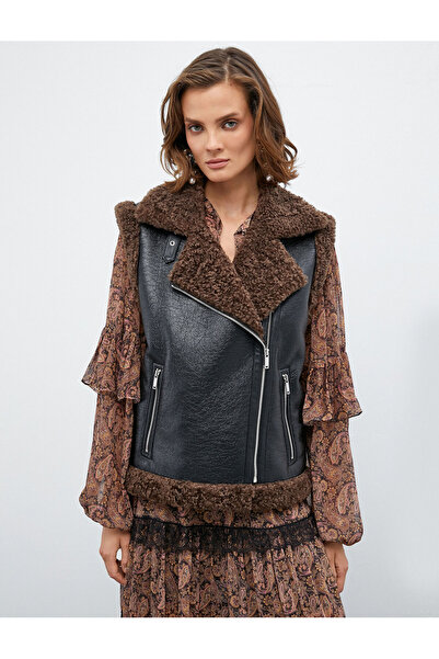 Koton Melis Ağazat X - Faux Leather Plush Detailed Vest