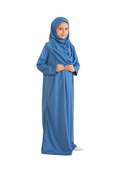 Modish Group Two Pieces Kids Prayer Dress Set Suit with Scarf, Islamic Clothing Suit for Girls - Indigo