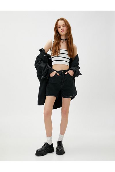 Koton Ripped Denim Shorts High Waist Pocket Detailed