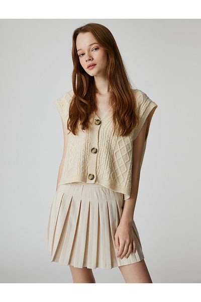Koton Crop Cardigan V-Neck Sleeveless Buttoned Braid Patterned