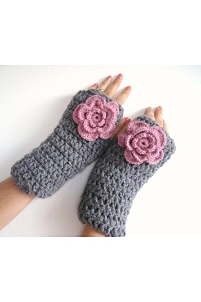 YOS TREND Pembe Gül Detaylı Gri Kadın Parmaksız Eldiven - El Yapımı ve Şık Ta...