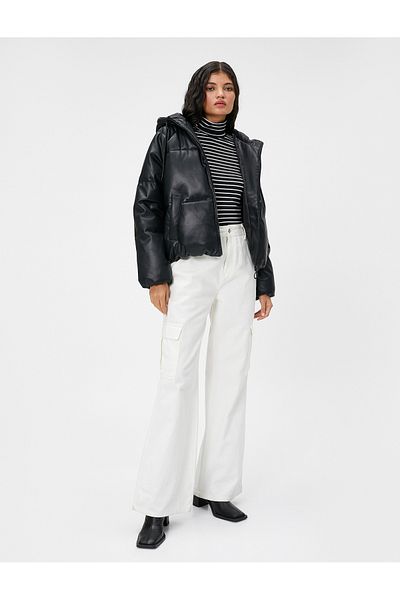 Koton Puffer Jacket Δερμάτινο look με κουκούλα