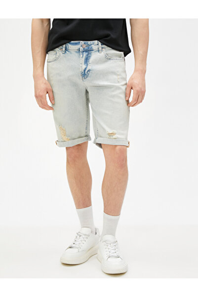 Koton Bermuda Kot Şort Katlı Paça Detaylı Pamuklu Cepli