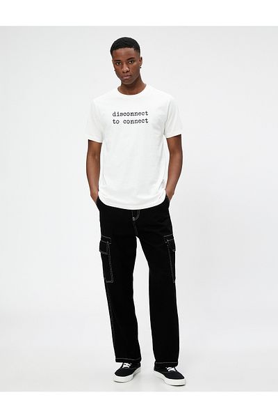 Koton Σλόγκαν εμπριμέ T-Shirt Crew Neck Slim Fit Κοντό μανίκι