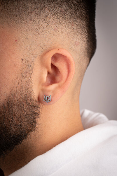 Piercing Market Steel & Silver Erkek Çelik Özel Tasarım 3 Boyutlu Tilki Küpe Kararma Solma Yapmaz