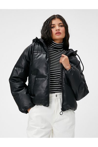 Koton Puffer Jacket Δερμάτινο look με κουκούλα