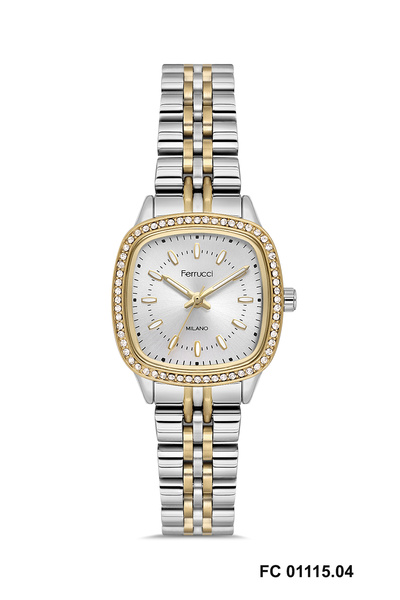 Ferrucci KARE BEYAZ KADRANLI ETRAFI TAŞLI RAKAMLARI FOSFORLU BİCOLOR SİLVER-GOLD KADIN KOL SAATİ
