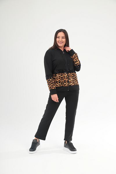 Şans Plus Size Leopard and Sequins Sequined Black Hooded Tracksuit Set - 65N38695