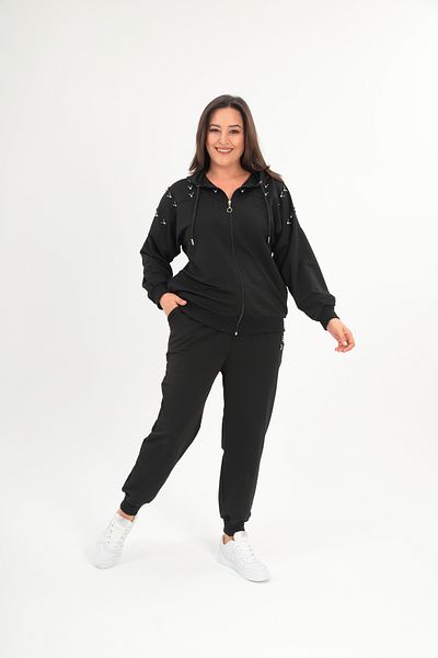 Şans Women's Plus Size Black Front Zip Stone Detailed Hooded Tracksuit Suit 65N38691