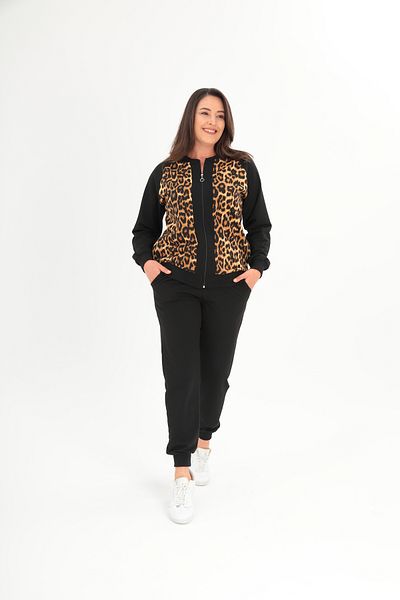 Şans Women's Plus Size Black Front Zipper Leopard Detail Tracksuit Suit 65N38696