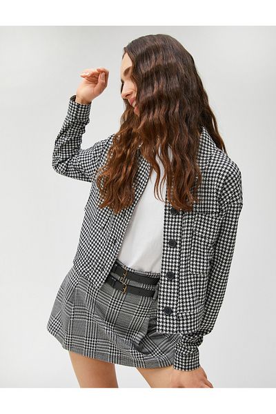 Koton Houndstooth Patterned Jacket Pocket Detailed Buttoned Shirt Collar