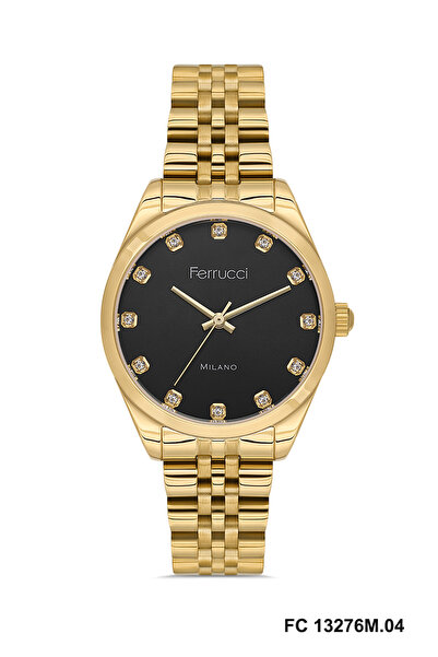 Ferrucci YUVARLAK SİYAH KADRANLI RAKAMLARI TAŞLI GOLD KADIN KOL SAATİ