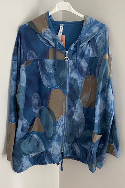 AYASOFYA OTANTIK Cardigan de damă, albastru italian, cu glugă, cu fermoar, buzunar, jachetă supradimensionată din bumbac