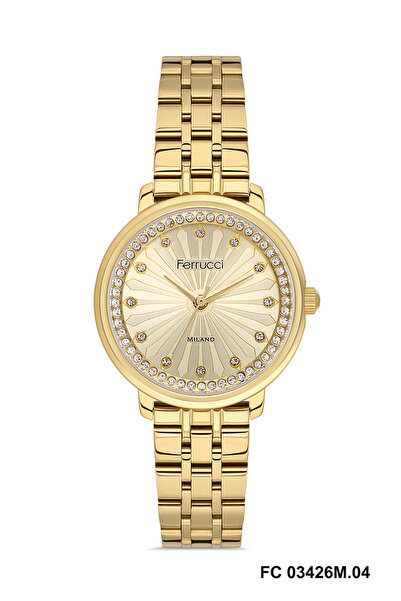 Ferrucci YUVARLAK SARI KADRANLI ETRAFI TAŞLI GOLD KADIN KOL SAATİ