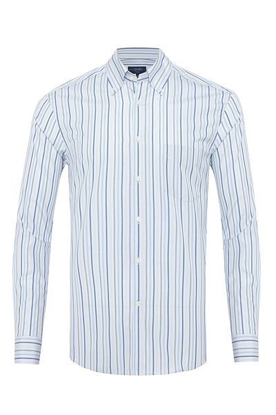 Germirli Blue Navy Blue Striped Buttoned Collar Pocket Tailor Fit Cotton Shirt
