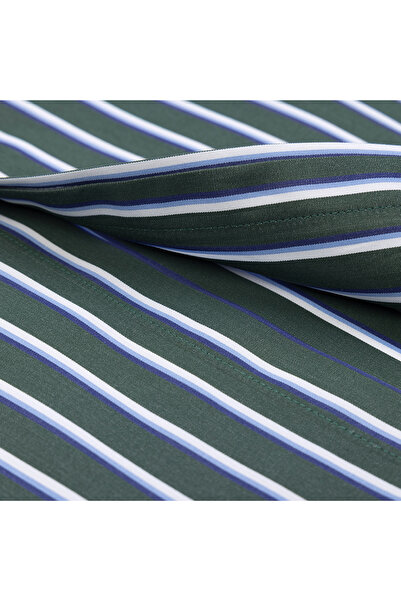 Germirli Yeşil Mavi Çizgili Düğmeli Yaka Exclusive Tailor Fit Pamuk Gömlek